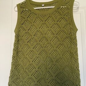 Open Knit Sweater Vest | Olive Green | Sleeveless | Size M